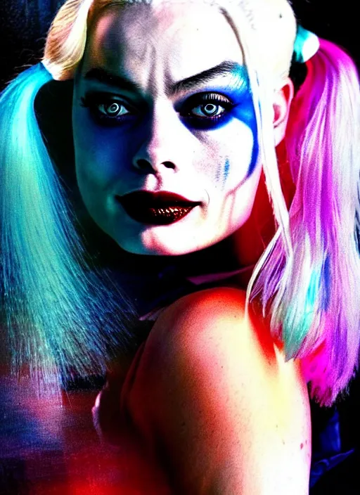 Image similar to 2 8 mm side portrait of beautiful suicide squad happy margot robbie with long white hair that looks like harley quinn, gotham city double exposure, angry frown, glamour pose, watercolor, style by simon bisley, jim lee, annie leibowitz