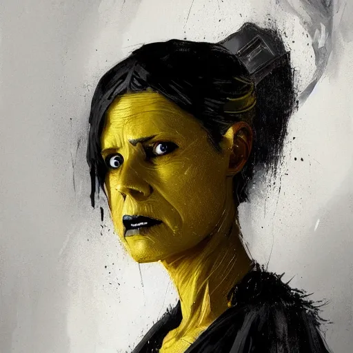 Prompt: portrait of a woman by greg rutkowski, a woman with yellow skin, black lips wearing black robes and a hodd, evil energy, star wars expanded universe, she is about 6 0 years old, highly detailed portrait, digital painting, artstation, concept art, smooth, sharp foccus ilustration, artstation hq