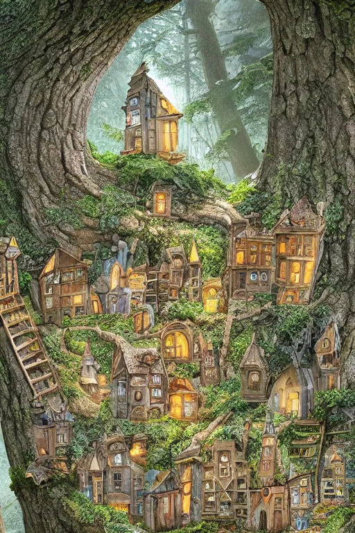 Prompt: a miniature city built into the trunk of a single colossal tree in the forest, with tiny people, in the style of anton pieck, lit windows, close - up, low angle, wide angle, awe - inspiring, highly detailed digital art