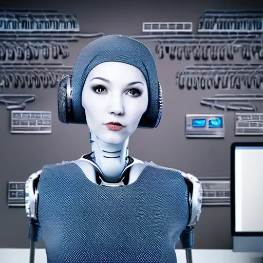 Image similar to Attractive female robot guarding a wall of computers