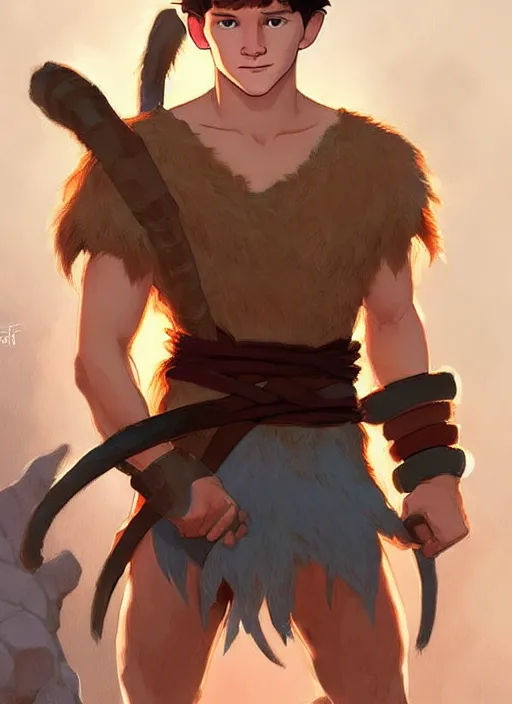 Image similar to cute tom holland wearing barbarian tunic, natural lighting, path traced, highly detailed, high quality, digital painting, by don bluth and ross tran and studio ghibli and alphonse mucha, artgerm