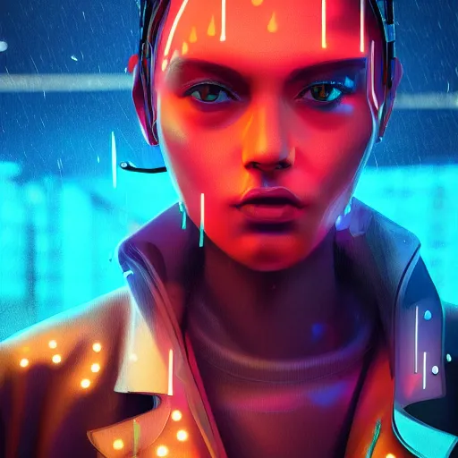 Image similar to stylish cartoon portrait made out of rain, cyberpunk background, rendered in octane, unreal engine, highly detailed, trending on artstation, realistic, splashes of neon, beautiful, handsome, depth of field, glowing eyes