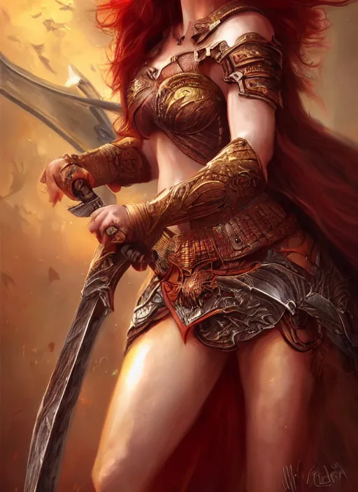 Image similar to a beautiful female warrior, 8 k, hyperrealistic, red hair, dragon slayer, hyperdetailed, fantasy portrait by laura sava