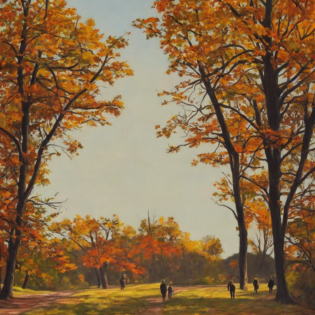 Image similar to 1 9 4 0 s american realist oil painting of walking together in the late afternoon light of gatineau park in october