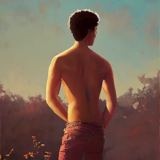 Image similar to oil painting by ilya kuvshinov, baugh casey, rhads, coby whitmore, of a youthful persian - indian college student, male, handsome, curly black hair, outdoors, highly detailed, breathtaking face, studio photography, dawn, intense subsurface scattering, blush, supple look, innocence, intense sunlight