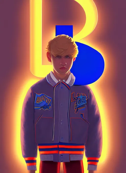 Image similar to portrait of high school senior boy named big moose, blonde short hair, jock, beefy, wide face, square jaw, square facial structure, blue varsity jacket with letter r, intricate, elegant, glowing lights, highly detailed, digital painting, artstation, concept art, sharp focus, illustration, art by wlop, mars ravelo and greg rutkowski