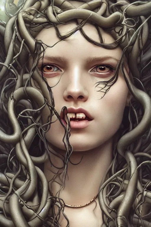 Image similar to a close - up portrait of a hauntingly beautiful medusa, painted by artgerm and tom bagshaw, highly detailed digital art