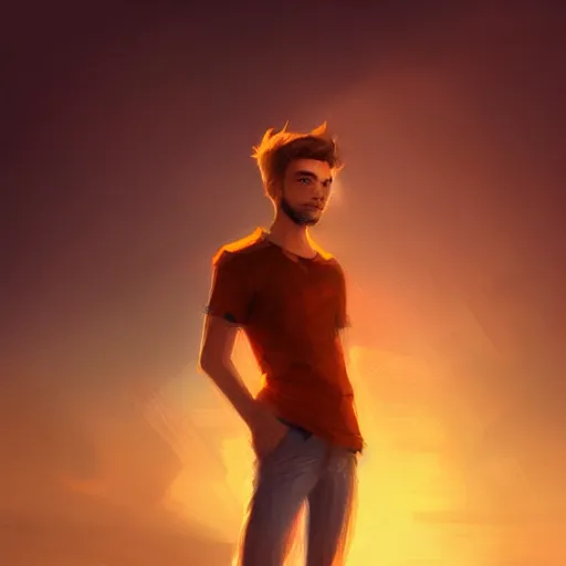 Image similar to young man with a light beard, beautiful sunset, high definition, concept art, digital painting, art station, sharp focus, art by Bowater and Charlie