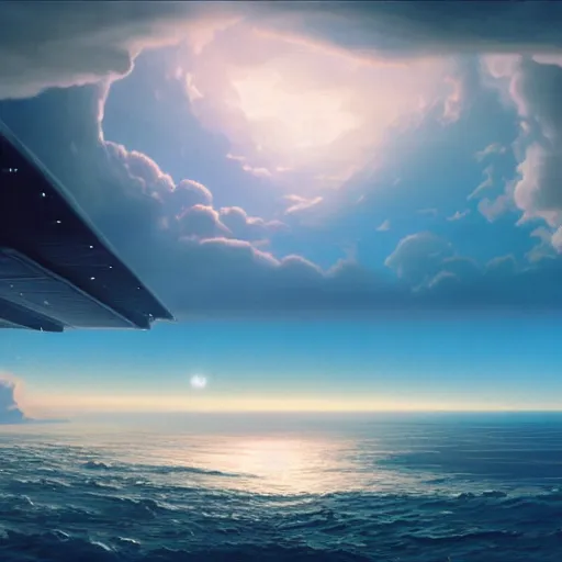 Prompt: beautiful matte painting of a dreamy ocean with clouds, sci - fi, daylight, blue sky, cinematic lighting, cinematic perspective, planet above, syd mead, john harris, federico pelat, detailed, 4 k, hd