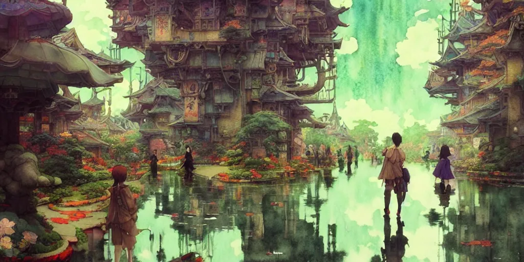 Prompt: anime movie scene, characters walk, waterway, fantasy. intricate, amazing composition, colorful watercolor, reflections, by ruan jia, by maxfield parrish, by koji morimoto, by hikari shimoda, by sparth, by zhang kechun, illustration, gloomy