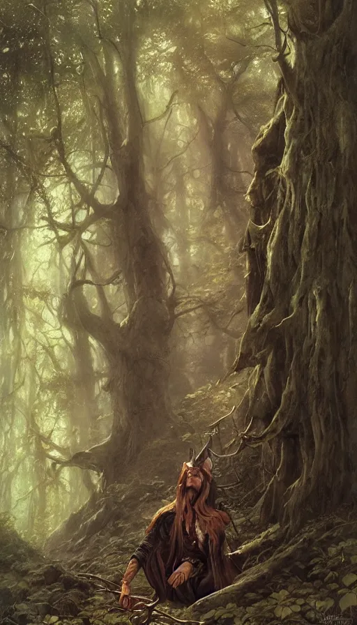 Image similar to Realistic portrait painting of a high fantasy wood elf wizard in a magical forest clearing by John Howe, Greg Rutkowski, Frank Frazetta, Artgerm, Donato Giancola, Christophe Vacher, dramatic lighting