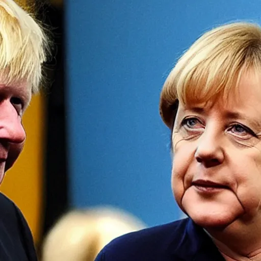 Image similar to photo of angela merkel doing the hair styleing of boris johnson