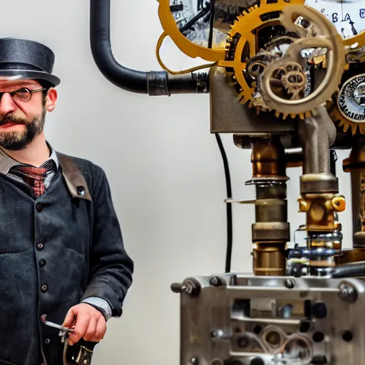 Prompt: A random pointless contraption ((steampunk)) industrial appliance pneumatic machine with no apparent purpose, being operated by a scholarly looking man with a clear directed gaze, XF IQ4, f/1.4, ISO 200, 1/160s, 8K, RAW, unedited, symmetrical balance, in-frame