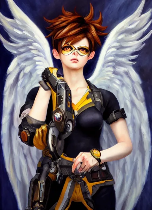 Prompt: full body oil painting of tracer overwatch in the style of sophie anderson, angel wings, white dress, dramatic painting, wearing black collar, symmetrical composition, ornate, high detail, gold, blooming, lights, flowers,