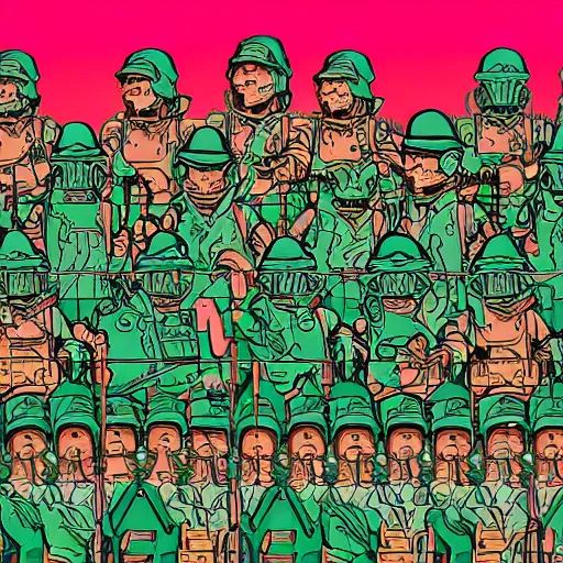 Prompt: an illustration of a plastic green army men manufacturing line, artwork by greg hildebrandt and dan mumford, detailed linework, vibrant colors