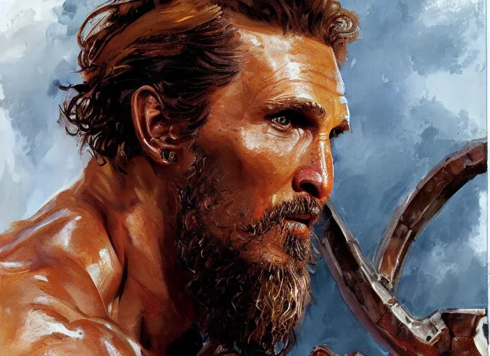 Prompt: a highly detailed beautiful portrait of matthew mcconaughey as kratos, by gregory manchess, james gurney, james jean