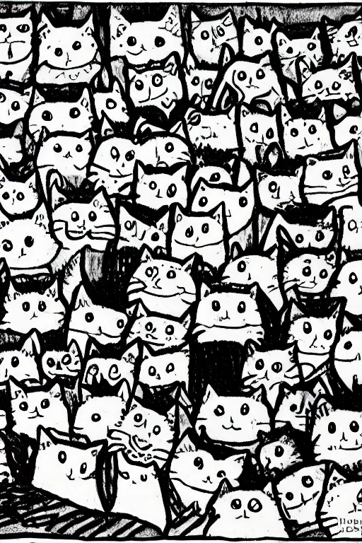 Prompt: cartoon sketch of a thousand angry cats, cute drawing