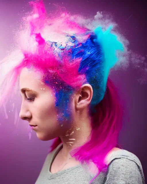 Image similar to a dramatic lighting photo of a beautiful young woman with cotton candy hair. paint splashes. with a little bit of cyan and pink