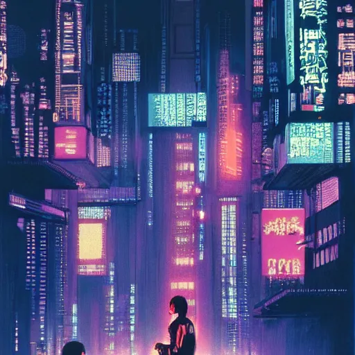 Image similar to high detailed neuromancer in a cyberpunk city at night with a torii in the background by Syd Mead, high quality, 4K, UHD, trending on ArtStation, blade runner vibes, ghost in the shell