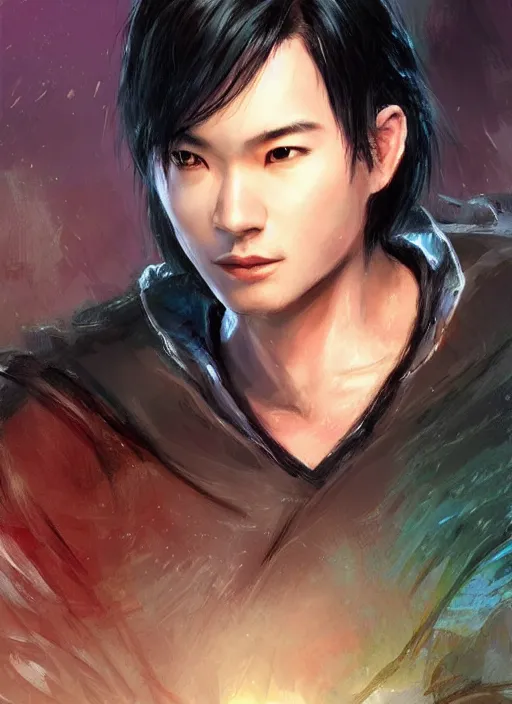 Image similar to asian with medium black hair man looks belly point of view, dndbeyond, bright, colourful, realistic, dnd character portrait, full body, pathfinder, pinterest, art by ralph horsley, dnd, rpg, lotr game design fanart by concept art, behance hd, artstation, deviantart, hdr render in unreal engine 5