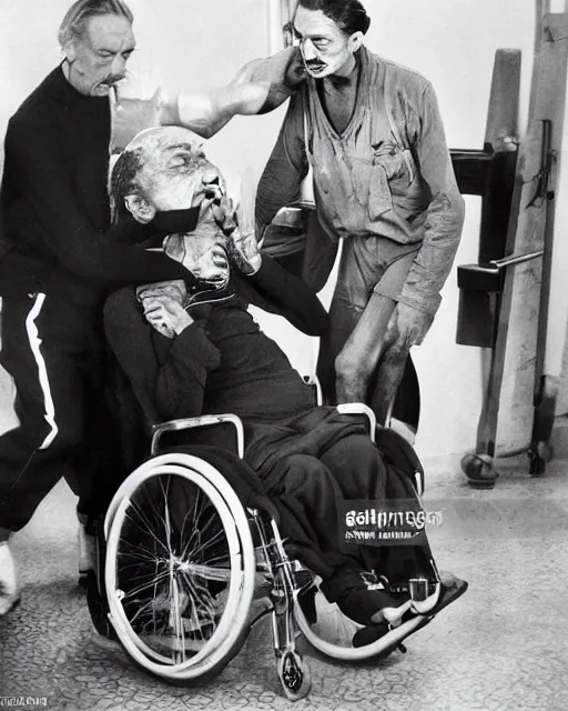 Image similar to Salvador Dali in a wheelchair with a broken leg, his arm in a cast and a black eye being pushed by an orderly who is wearing a T-Shit that says Stable Diffusion Rocks, Photorealistic