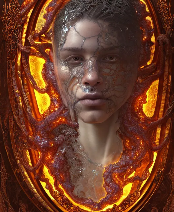 Image similar to intricate ornate opulent transparent clear see - through lava portrait of a terrifying beautiful male alien rat, mottled coloring, adorable, childlike, overgrown jungle environment, ultra realistic, concept art, art nouveau, photorealistic, octane render, 8 k, unreal engine. art by christopher marley and artgerm and greg rutkowski and alphonse mucha