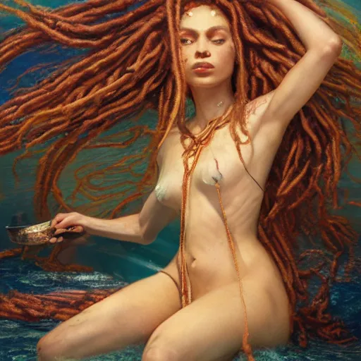 Image similar to birth of mami wata, sumerian goddess inanna ishtar, ashteroth, techno mystic goddess princess intergalactica, with aqua neon rapunzel dreadlocks, mami wata, detailed, by gaston bussiere, bayard wu, greg rutkowski, giger, maxim verehin, greg rutkowski, masterpiece, sharp focus,