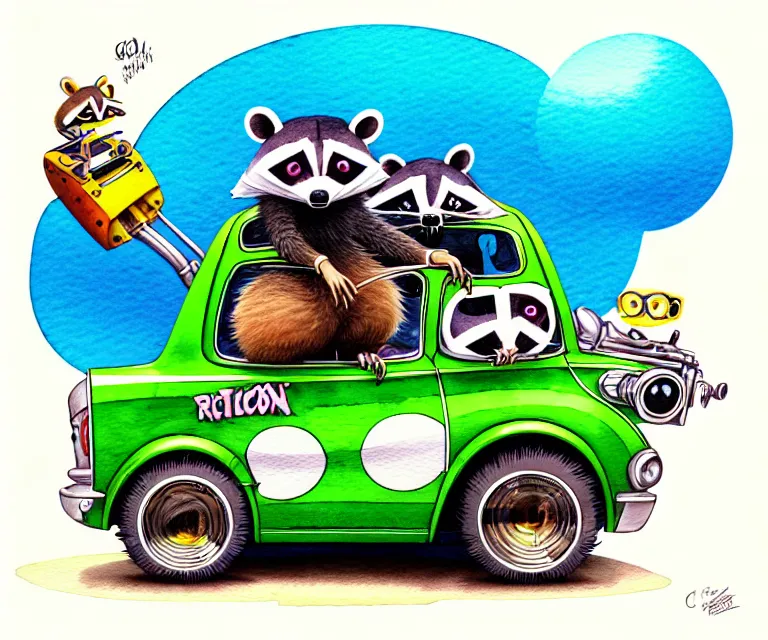 Image similar to cute and funny, racoon wearing goggles driving a tiny hot rod with an oversized engine, ratfink style by ed roth, centered award winning watercolor pen illustration, isometric illustration by chihiro iwasaki, edited by craola, tiny details by artgerm and watercolor girl, symmetrically isometrically centered