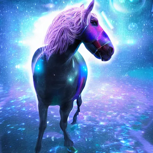 Image similar to cyber horse in the spirit realm, ice, cosmic, octane render, digital painting, award winning photograph