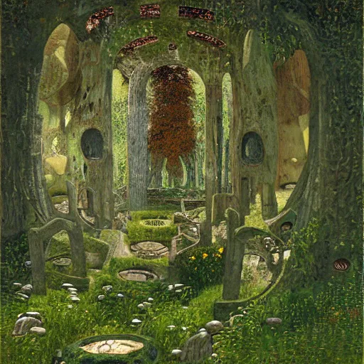 Image similar to ancient overgrown ruins, medieval gates, runestones, mysetrious etherial mesmerizing runic!! cat eyes!!!!, magical elven geometry, concept art by gustav klimt!, deviantart contest winner, environmental art, high detail