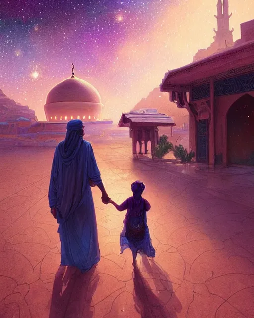 Image similar to bedouin man and woman and child in galaxy walking towards mosque surrounded by nebula, highly detailed, gold filigree, romantic storybook fantasy, soft cinematic lighting, award, disney concept art watercolor illustration by mandy jurgens and alphonse mucha and alena aenami, pastel color palette, featured on artstation