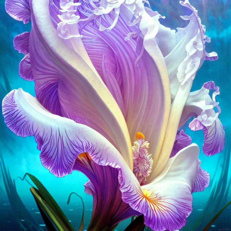 Prompt: detailed giant white holographic orchid iris hybrid flower surrounded by ocean waves, lsd water, lsd ripples, droplets, backlit, sunset, refracted lighting, art by collier, albert aublet, krenz cushart, artem demura, alphonse mucha