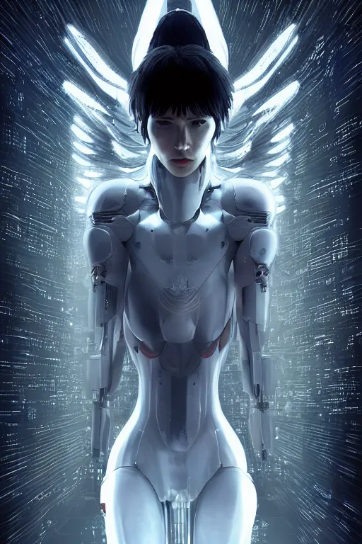 Image similar to white arc-angel with mystic robotic wings, blade runner, akira, ghost in the shell, 2077, ultra detailed, digital art, 8k ,character ,realistic, portrait, hyperrealistic