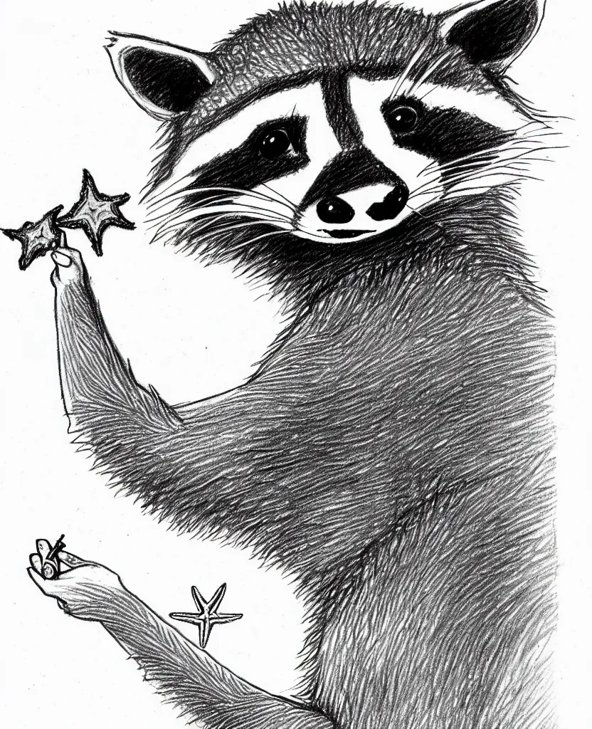 Image similar to detailed pencil sketch of a raccoon holding up and looking at a starfish, children's book