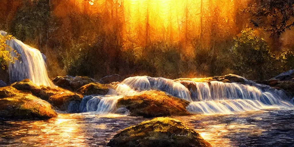 Image similar to golden hour waterfall nature landscape, watercolor, ultra realistic, highly detailed, hd, sharp focus, cinematic lighting, warm colors, realistic, photorealistic, vivid colors, painting, digital art, non blurry, sharp, artstation, smooth, illustration