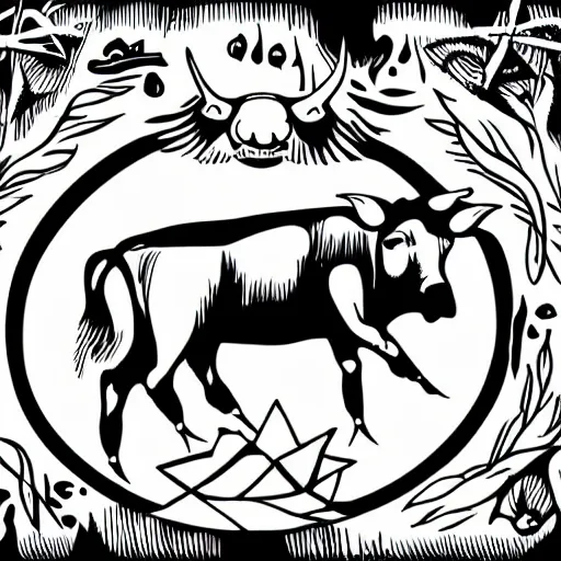 Image similar to the devil, cow, pig, sheep, chicken, summoning circle, white on black vector ink drawing, demonic, diabolic, hostile