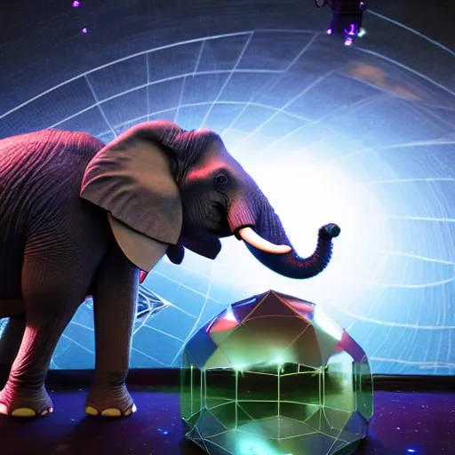 Image similar to a hyperrealistic 3D octane render of an elephant wearing virtual reality goggles playing a synthesizer inside of a geodesic dome planetarium with planets and galaxies, trending on artstation, 8k, 4K, dramatic lighting, glowing, volumetric lighting, ray tracing, unreal engine