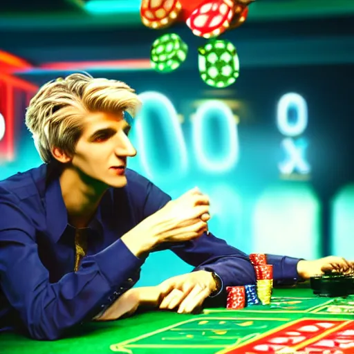 Image similar to film still of xqc gambling in Vegas, 4k, photorealism, artstation style