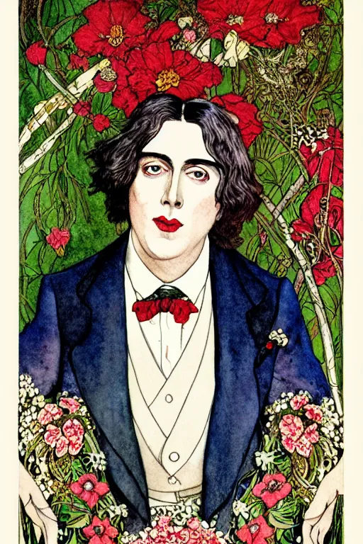 Prompt: realistic portrait of oscar wilde in the center of an ornate red velvet curtain frame with flowers growing, detailed art by kay nielsen and walter crane, illustration style, watercolor