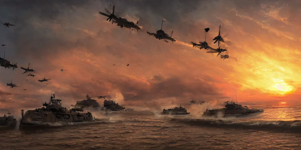 Prompt: the normandy!!!!! landings, d - day, 1 9 4 5, sunset, chaos!!!, smoke, fire, soldiers charging in, airplanes bombing the beach, destroyed tanks, highly detailed, wide shot, sadness, cinematic, ultra realistic!!!, ray tracing, ( ( painting ) ) by jessica rossier and ivan shishkin