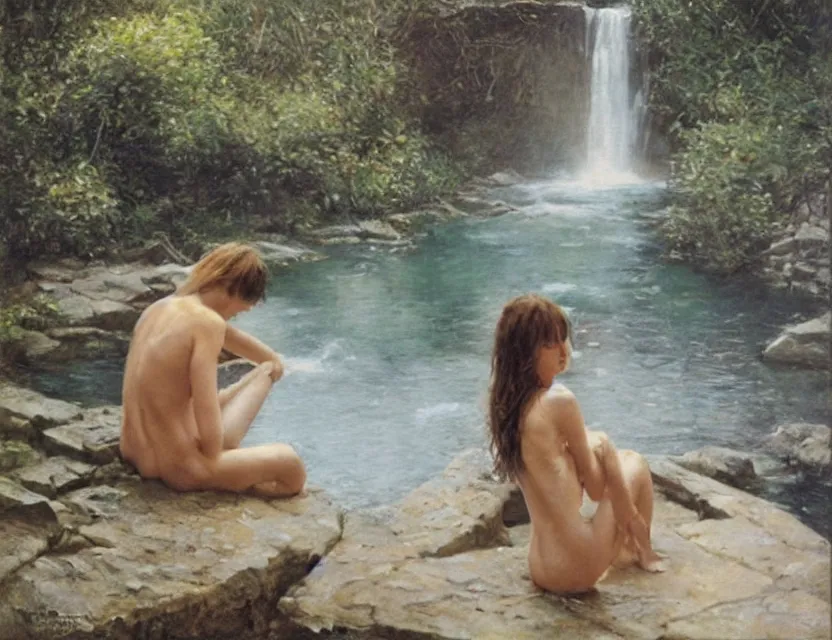 Image similar to steve hanks, serov valentin, lisa yuskavage, andrei tarkovsky, terrence malick, monk sits near waterfall, golden ratio, perfect symmetrical, polaroid, vintage, soft lights, foggy, oil on canvas