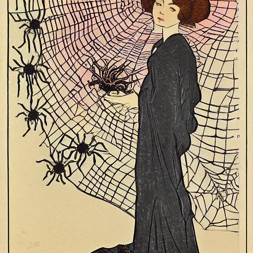 Image similar to a girl with a spider, colored woodcut, flat pastel colors, by Mackintosh, by Alfons Mucha, art noveau, by Hokusai