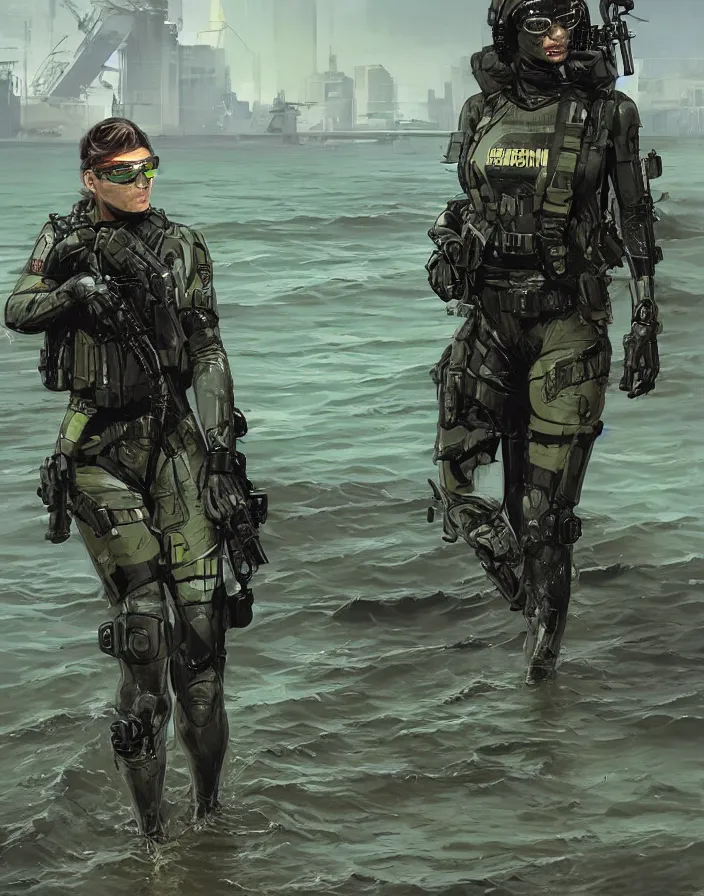 Prompt: Selina. USN blackops operator emerging from water at the shoreline. Operator wearing Futuristic cyberpunk tactical wetsuit and looking at an abandoned shipyard. Frogtrooper. rb6s, MGS, and splinter cell Concept art by James Gurney, greg rutkowski, and Alphonso Mucha. Vivid color scheme.