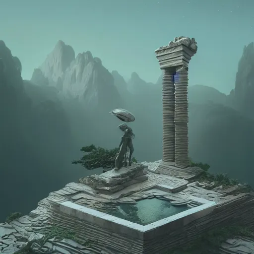 Image similar to Filip Hodas, minimalistic, hyperrealistic surrealism, award winning masterpiece with incredible details, epic stunning, infinity pool, a surreal vaporwave liminal space, highly detailed, trending on ArtStation, artgerm and greg rutkowski and alphonse mucha, daily deviation, IAMAG, broken giant marble head statue ruins, nightscape, milkyway