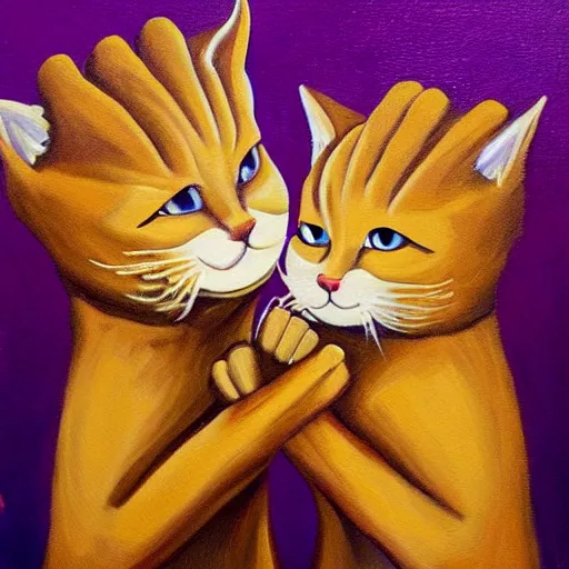 Image similar to a painting of two cats fist bumping each other, there is an explosion behind them