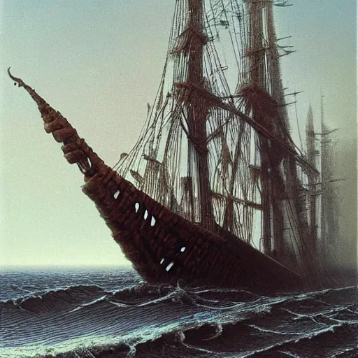 Prompt: a galleon by Zdzisław Beksiński, oil on canvas