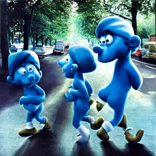 Prompt: the smurfs on the beatles album cover, 8 k resolution hyperdetailed surrealism