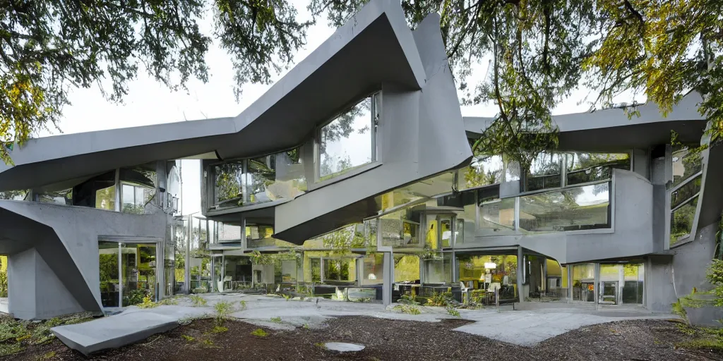 Image similar to large futuristic residence, gray concrete, yellow metal pipes, many large green windows, pacific northwest, triangular elements