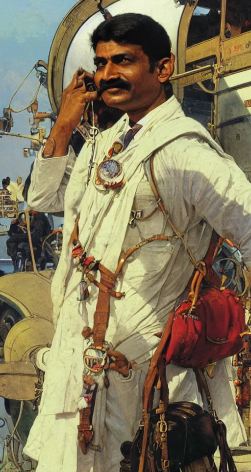 Image similar to close up of an Indian doctor disembarking from an airplane at Heathrow, sun shining, photo realistic illustration by greg rutkowski, thomas kindkade, alphonse mucha, loish, norman rockwell.