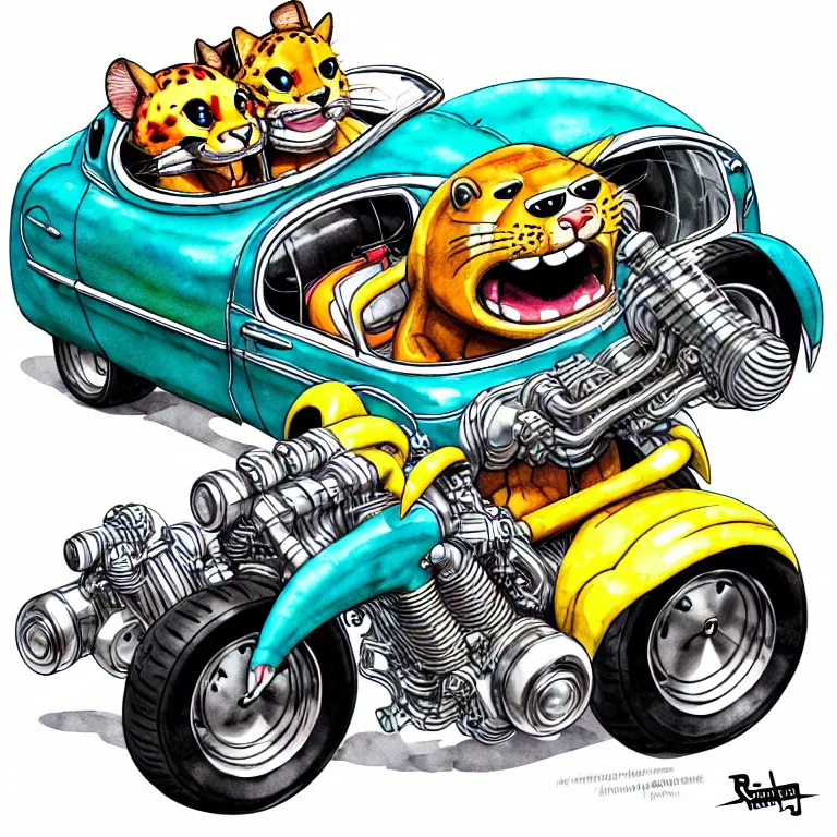 Image similar to cute and funny, jaguar wearing a helmet riding in a hot rod with oversized engine, ratfink style by ed roth, centered award winning watercolor pen illustration, isometric illustration by chihiro iwasaki, edited by range murata, tiny details by artgerm and watercolor girl, symmetrically isometrically centered, sharply focused